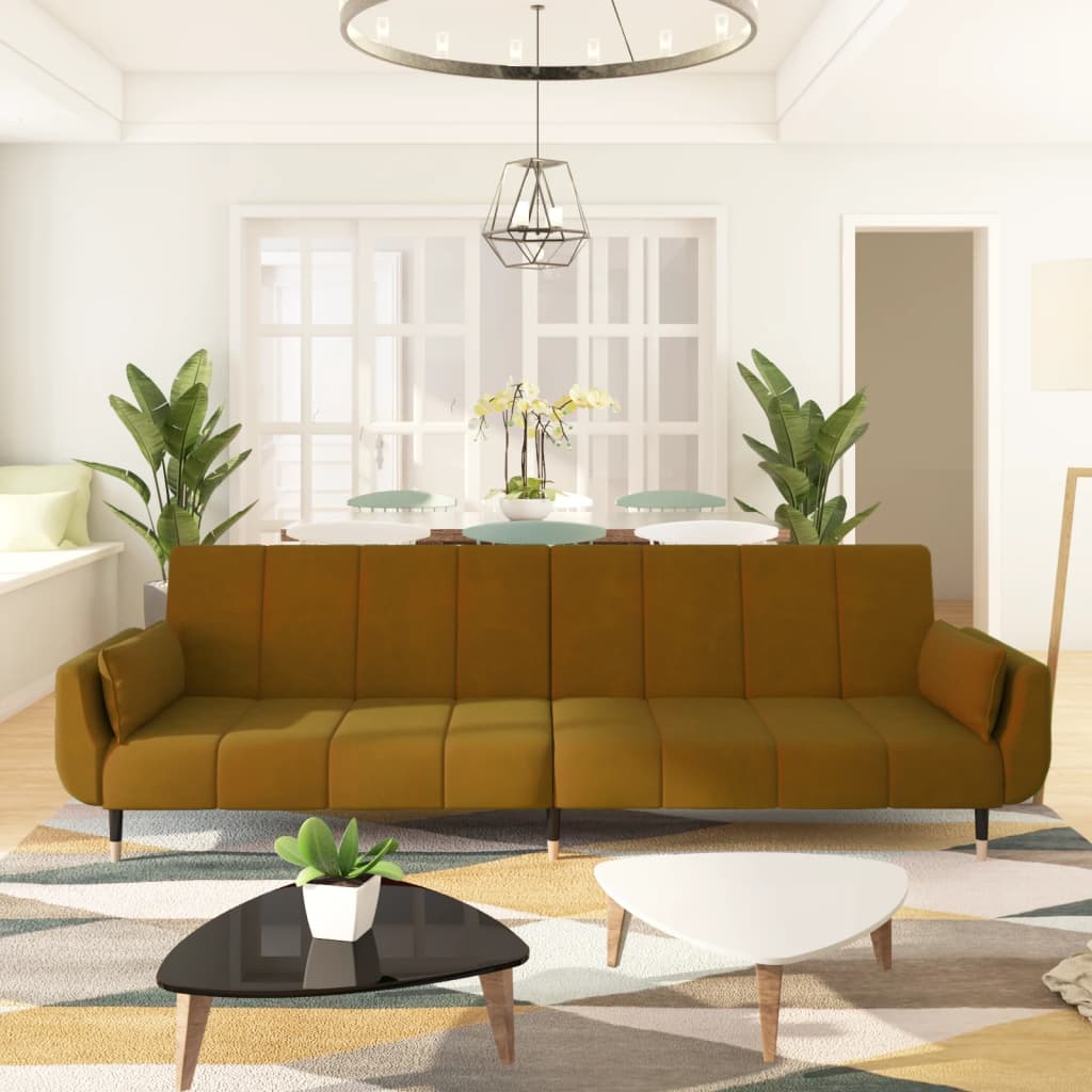 2-seater sofa bed with two brown velvet cushions