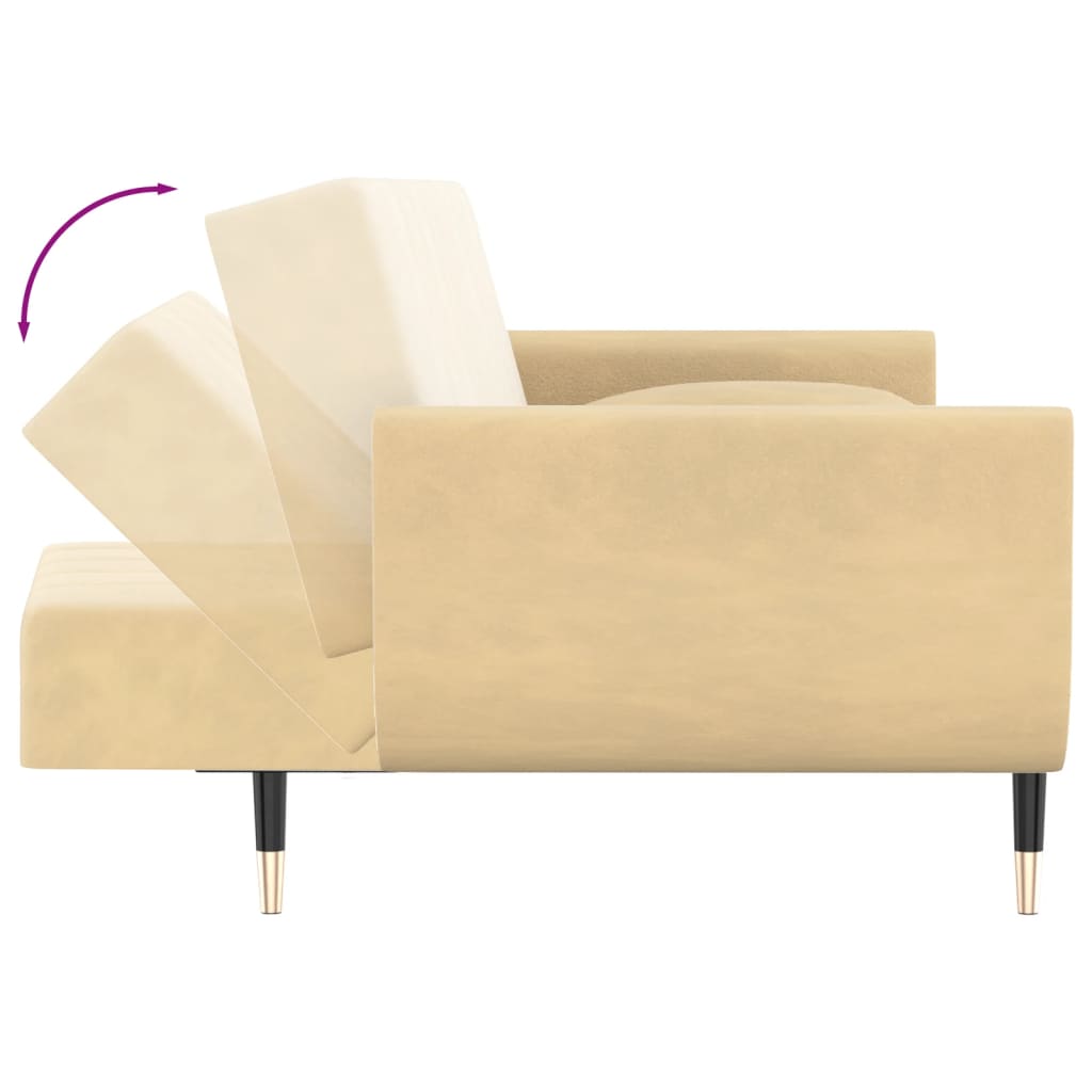 Sofá-cama 2 lugares com duas almofadas veludo cor creme