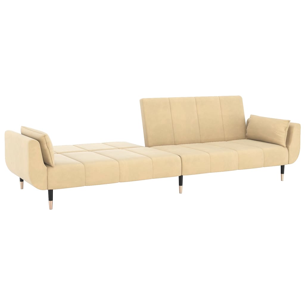 Sofá-cama 2 lugares com duas almofadas veludo cor creme