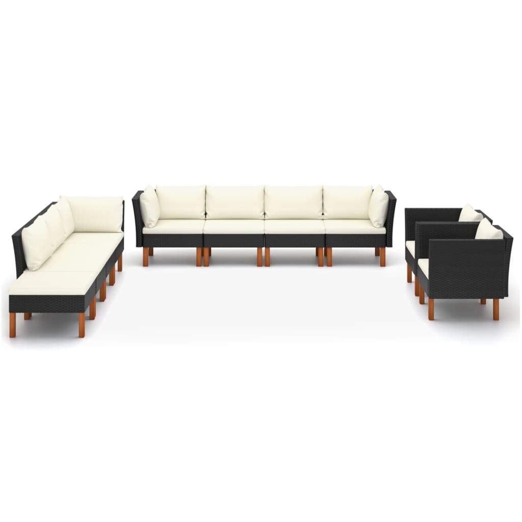 10 pcs conj. lounge jardim vime PE e madeira de eucalipto preto