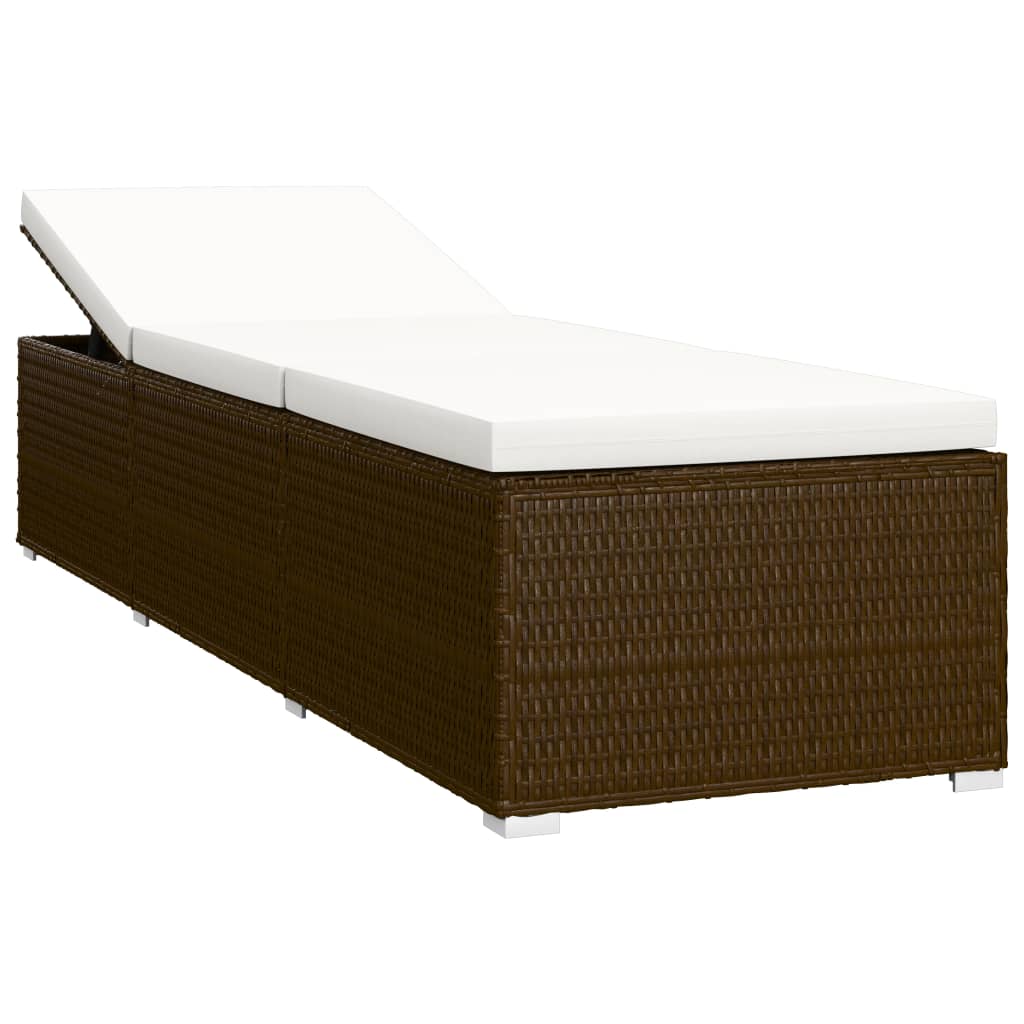 Sun lounger with cushion and coffee table in brown PE wicker