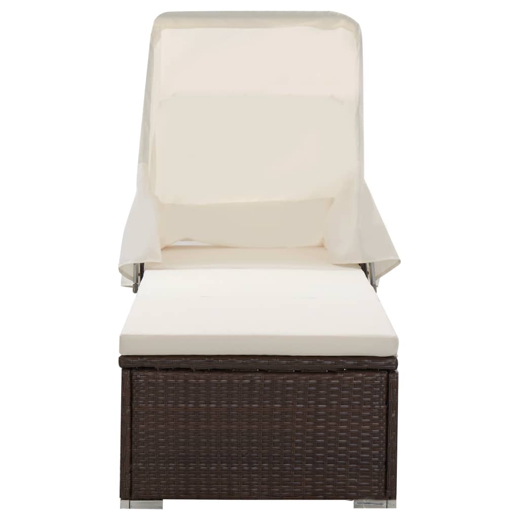 Sun lounger with canopy and cushion in brown PE wicker