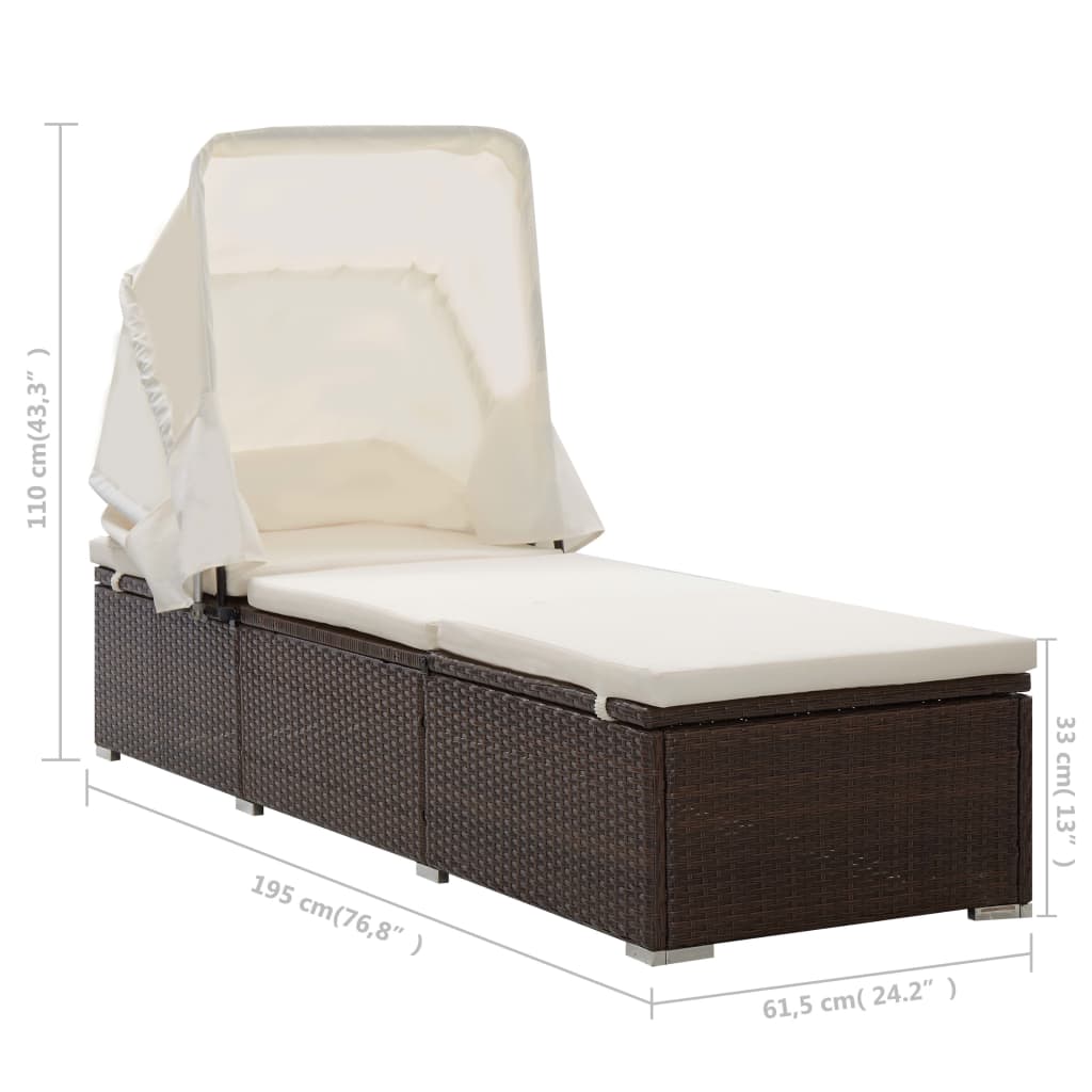 Sun lounger with canopy and cushion in brown PE wicker