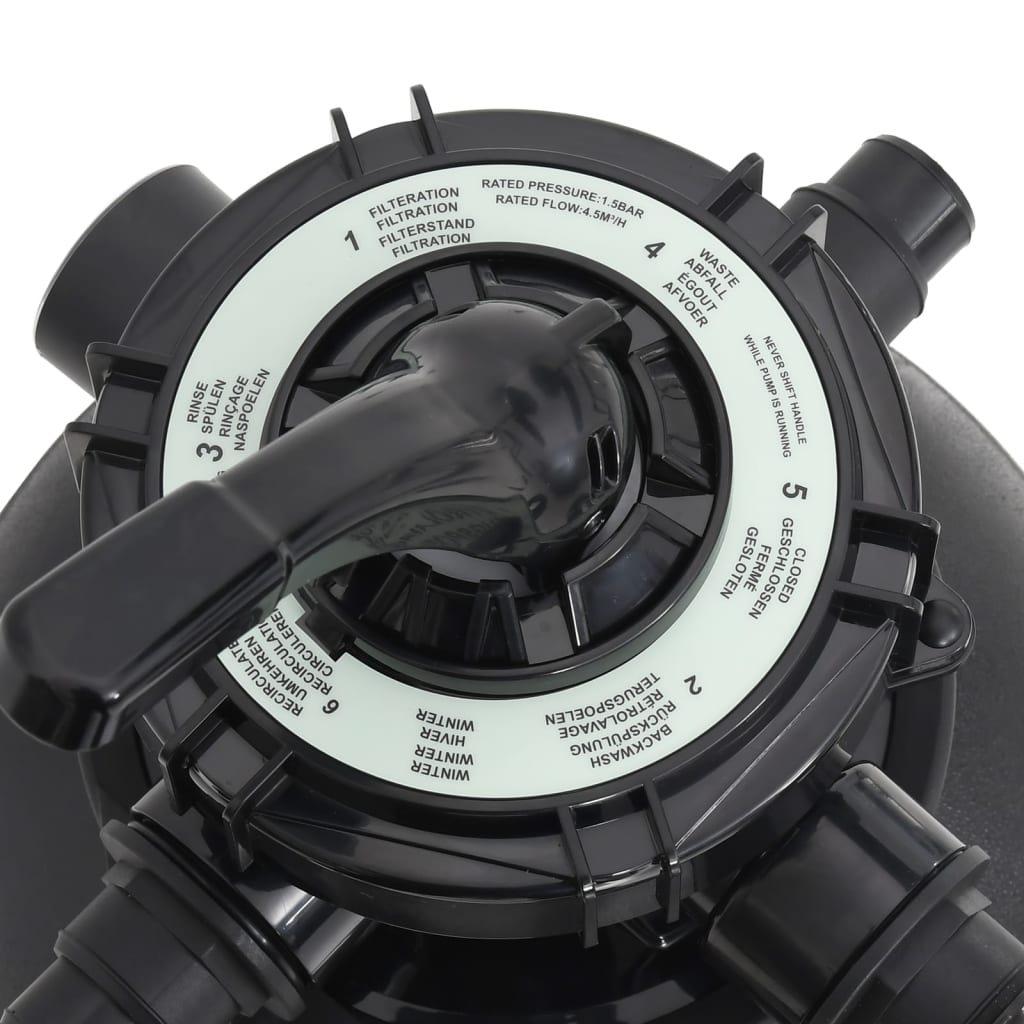 Sand filter for swimming pool with 6-way valve black