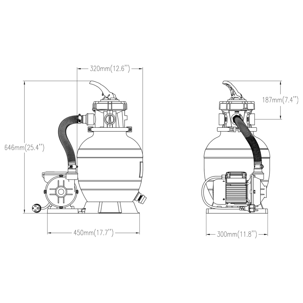 Sand filter for swimming pool with 6-way valve black
