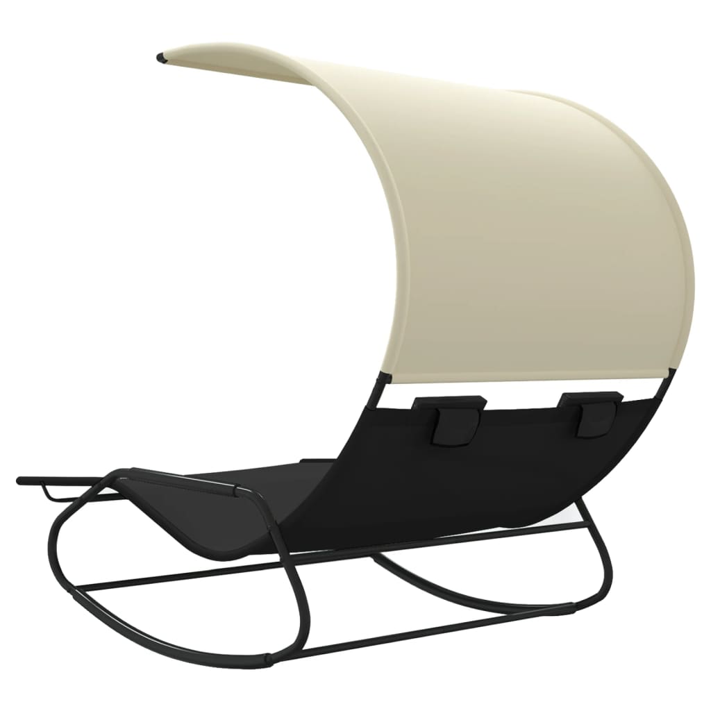 Double swing lounger with black and cream canopy