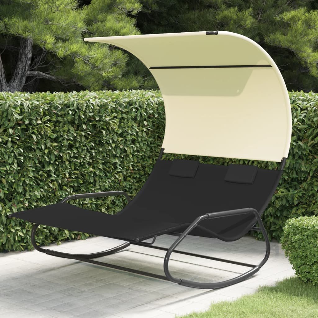 Double swing lounger with black and cream canopy