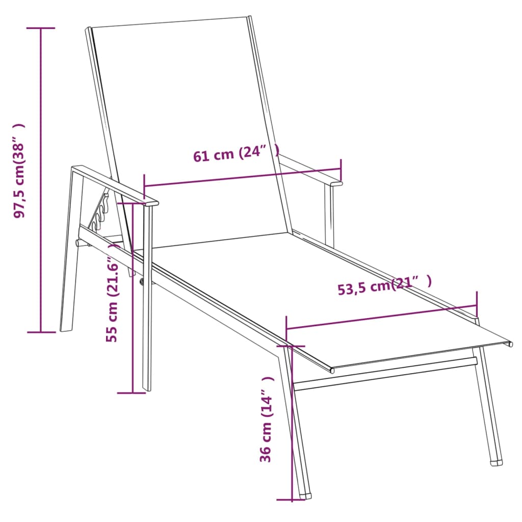 Sun lounger in steel and black textilene