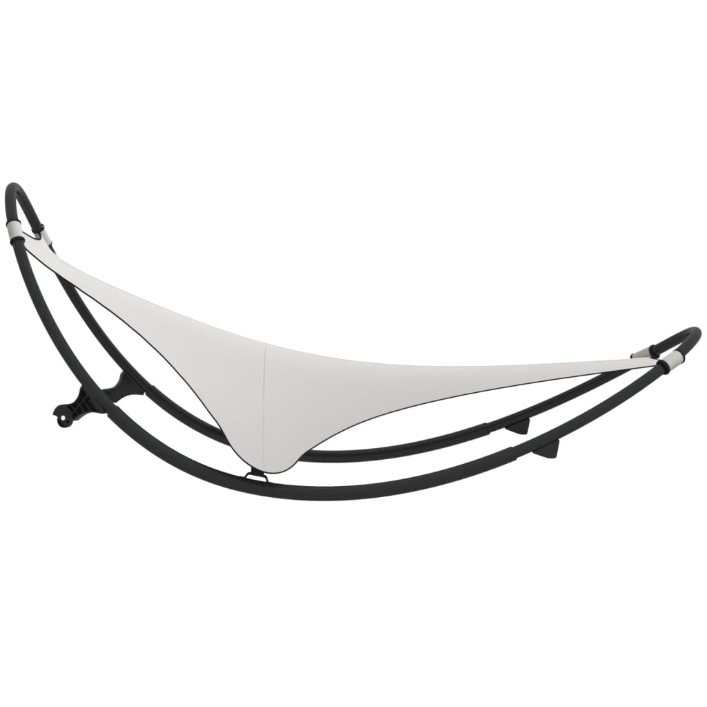 Rocking sun lounger with steel and cream-colored textilene wheels