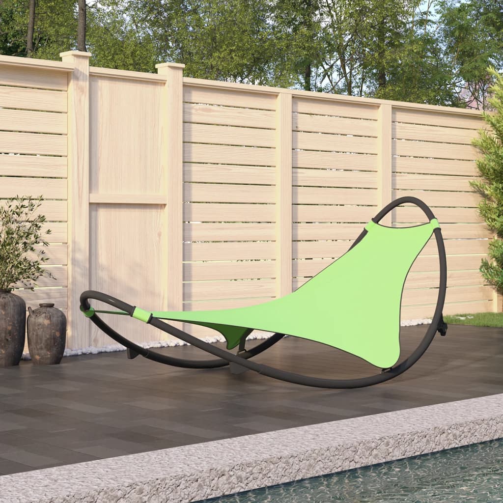 Rocking sun lounger with steel and green textilene wheels