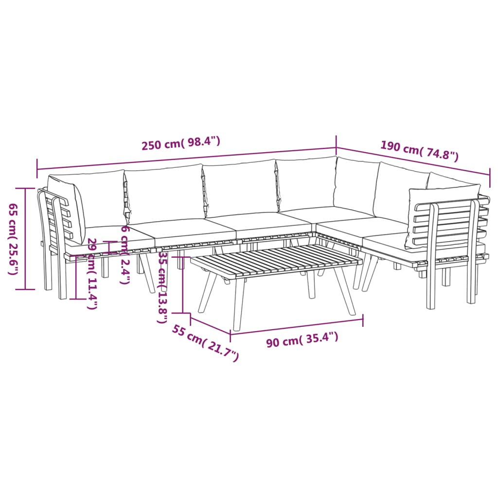 7 pcs conjunto lounge de jardim com almofadões acácia maciça