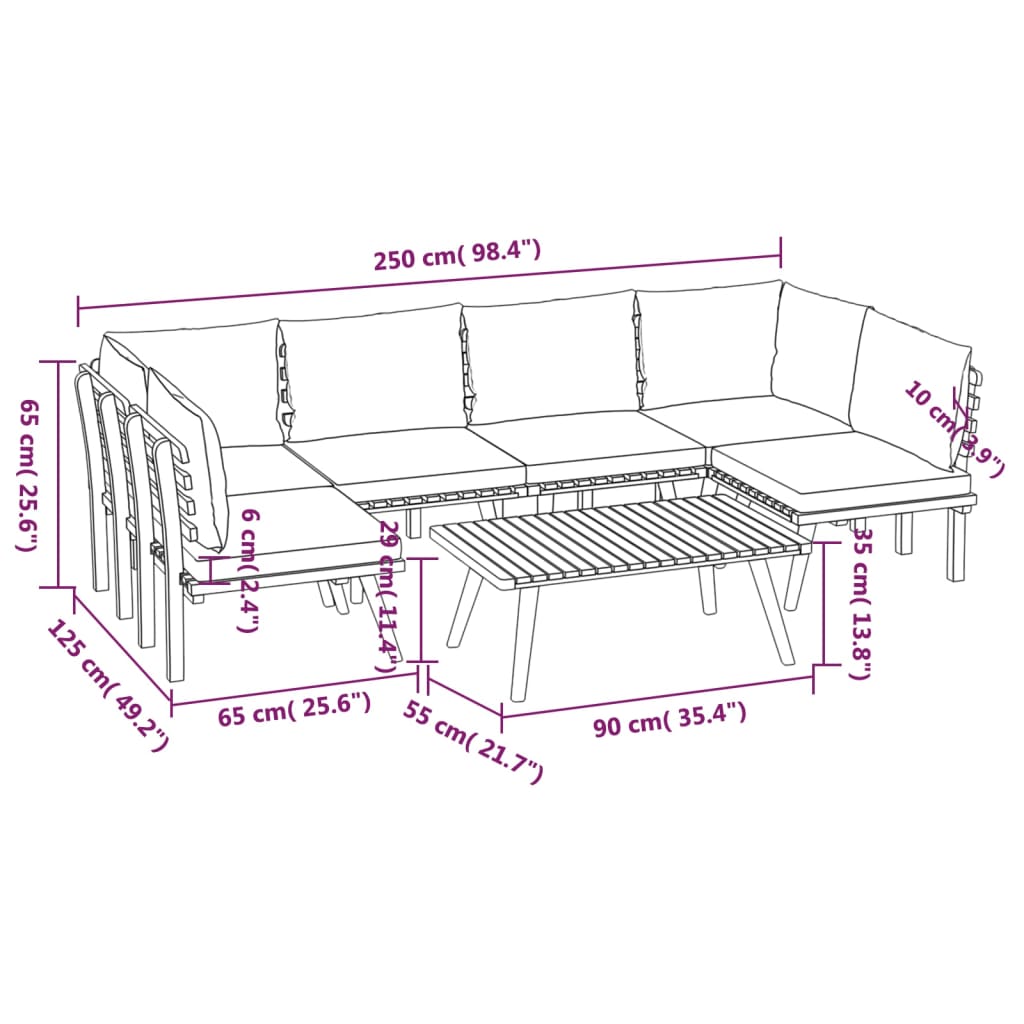 7 pcs conjunto lounge de jardim com almofadões acácia maciça