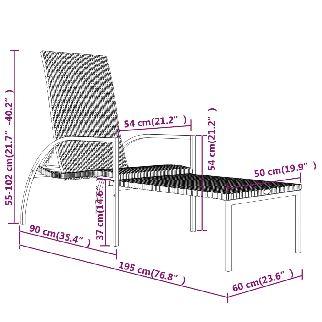 Grey PE wicker sun lounger with footrest
