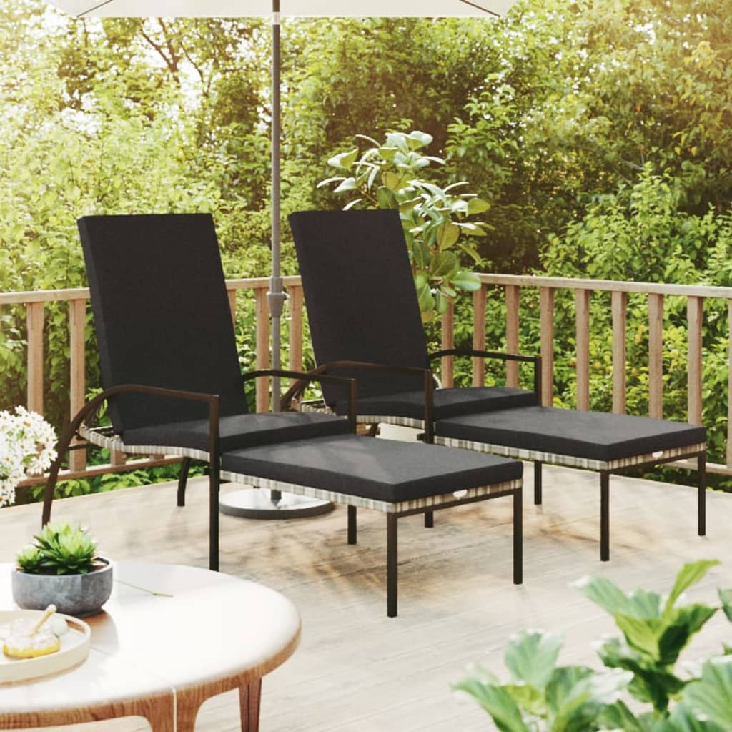 Sun loungers with footrests 2 pcs PE rattan grey