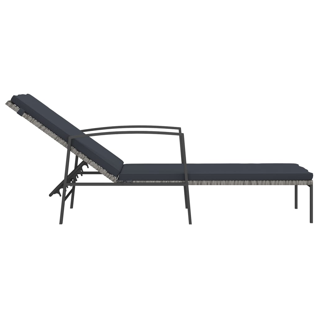 Garden sun lounger with cushion in grey poly rattan