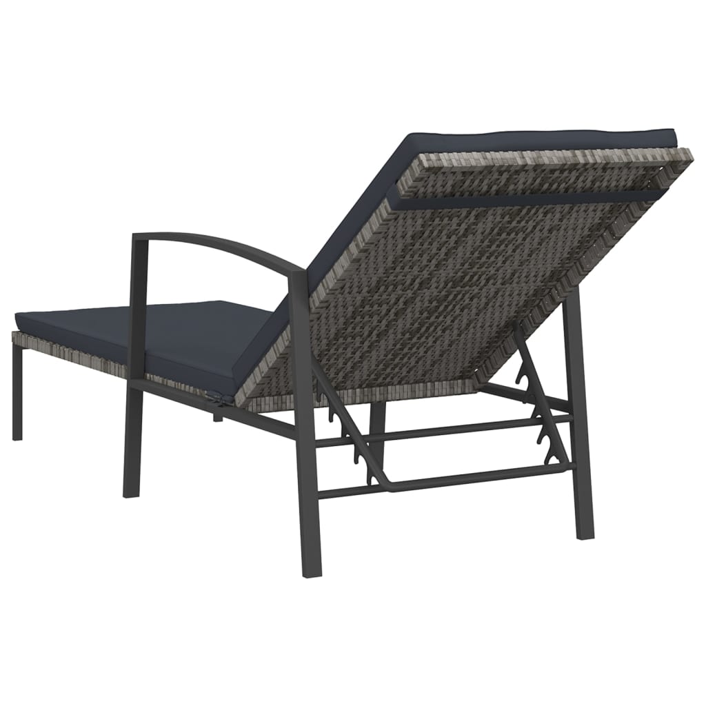 Garden sun lounger with cushion in grey poly rattan