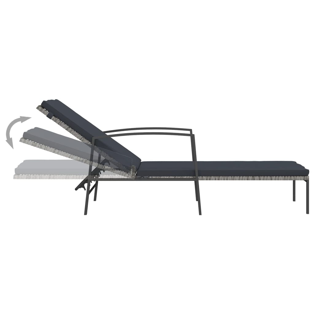 Garden sun lounger with cushion in grey poly rattan