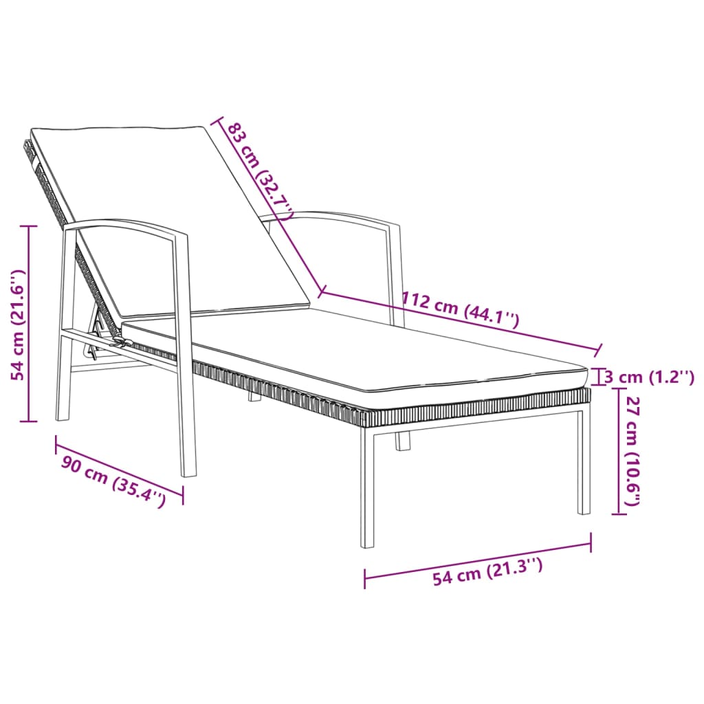 Garden sun lounger with cushion in grey poly rattan