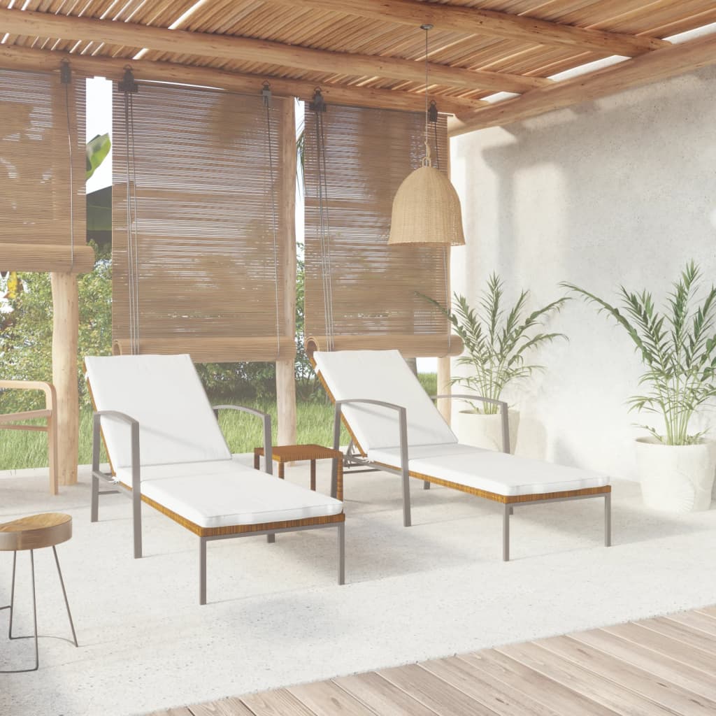 Sun loungers with table 2 pcs PE rattan brown