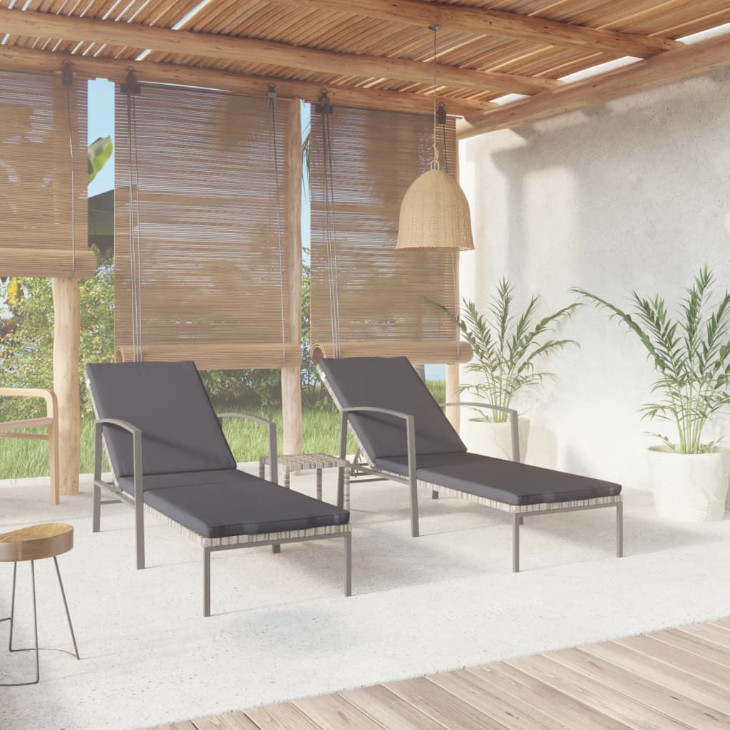 Sun loungers with table 2 pcs PE rattan grey