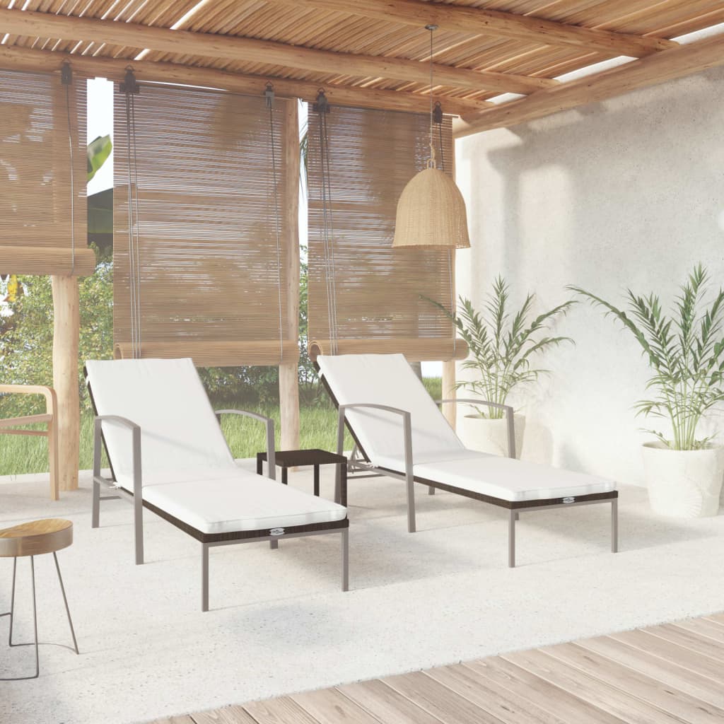 Sun loungers with table 2 pcs PE rattan brown