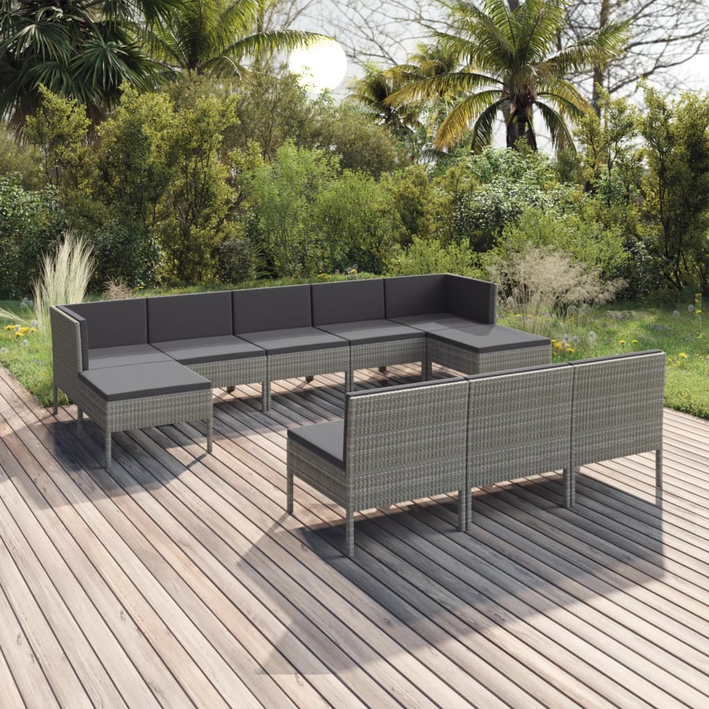 10 pcs conjunto lounge de jardim c/ almofadões vime PE cinzento