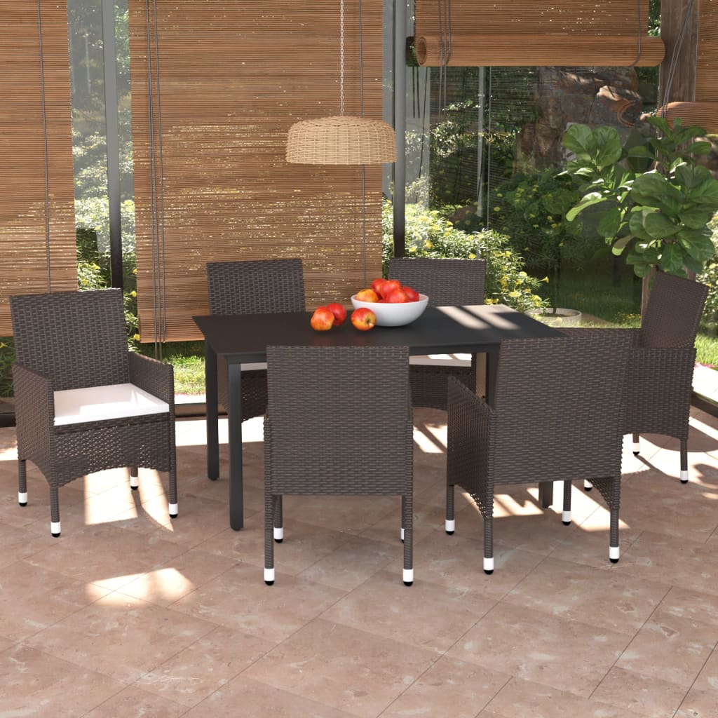 7 pcs conjunto jantar p/ jardim c/ almofadões vime PE castanho