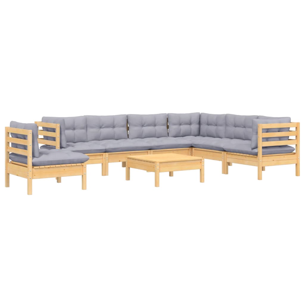 8 pcs conjunto lounge de jardim + almofadões cinza pinho maciço