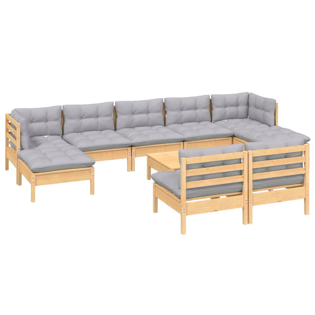 10 pcs conjunto lounge de jardim c/ almofadões cinzentos pinho