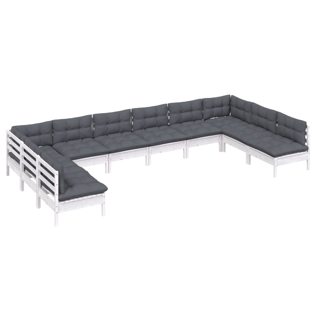 10 pcs conj. lounge de jardim c/ almofadões pinho maciço branco