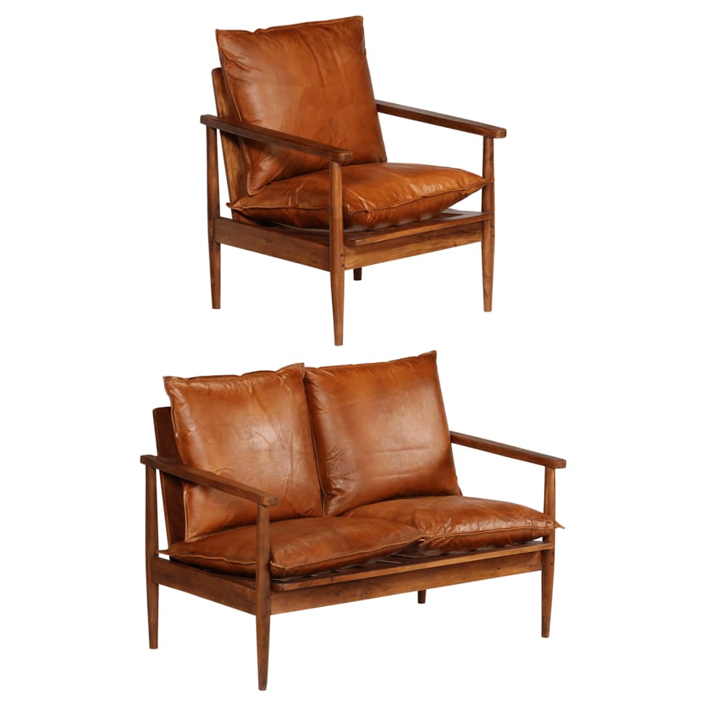 2 pcs conjunto de sofás couro genuíno e acácia maciça castanho
