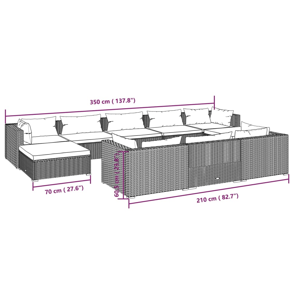 10 pcs conjunto lounge de jardim c/ almofadões vime PE preto