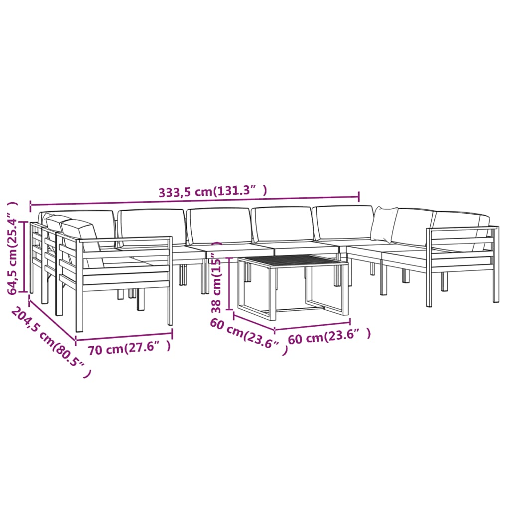 10 pcs conjunto lounge jardim com almofadões alumínio antracite
