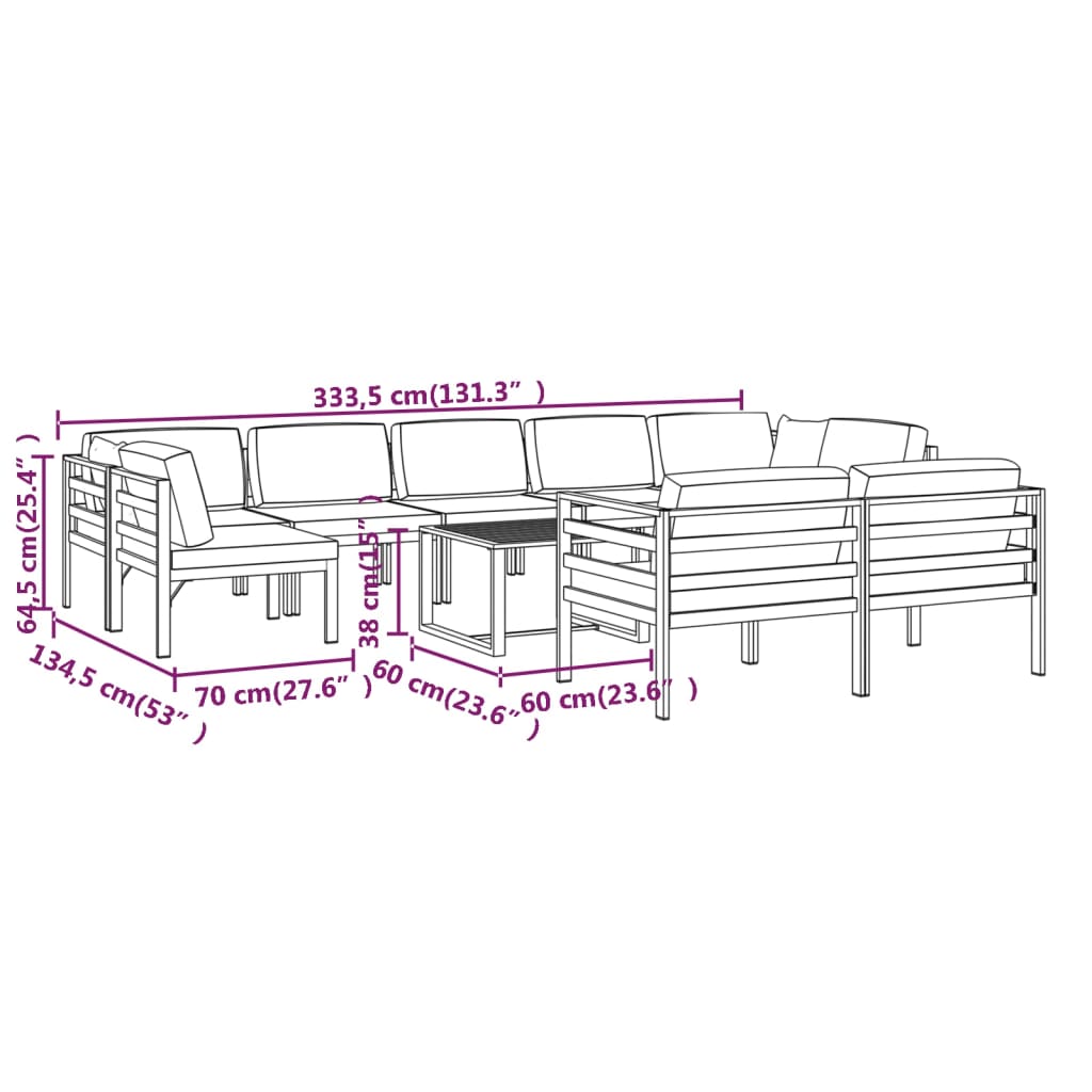 10 pcs conjunto lounge jardim com almofadões alumínio antracite