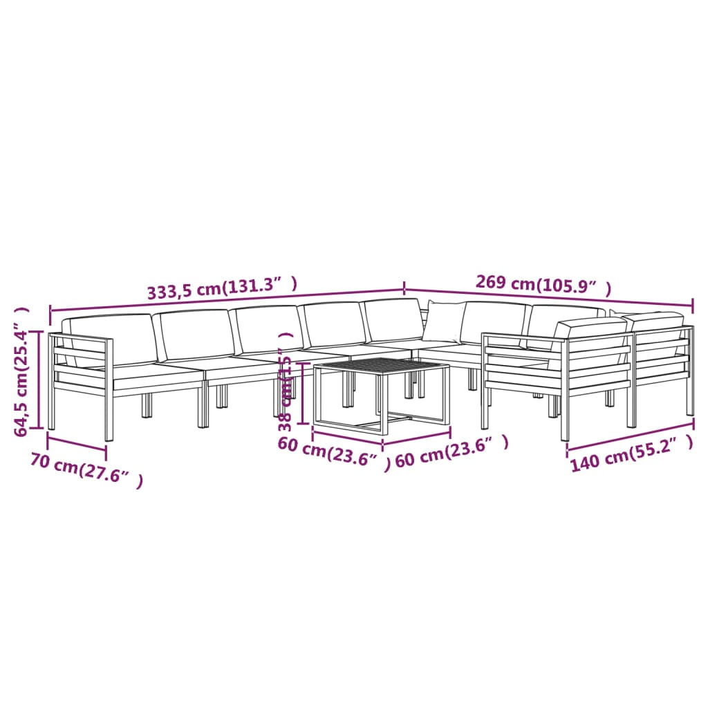 10 pcs conjunto lounge jardim com almofadões alumínio antracite