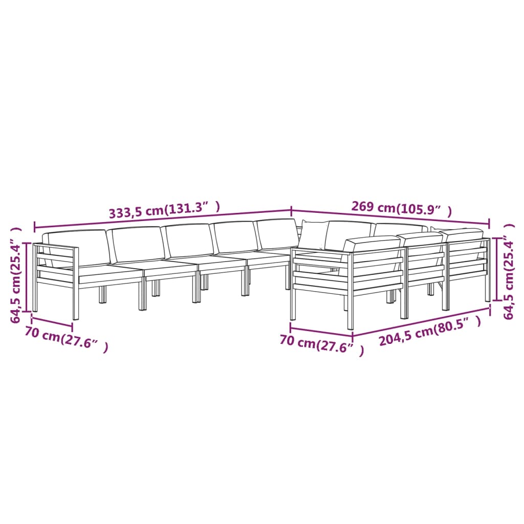 10 pcs conjunto lounge jardim com almofadões alumínio antracite