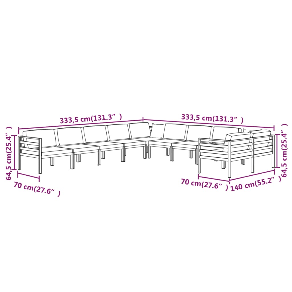 10 pcs conjunto lounge jardim com almofadões alumínio antracite