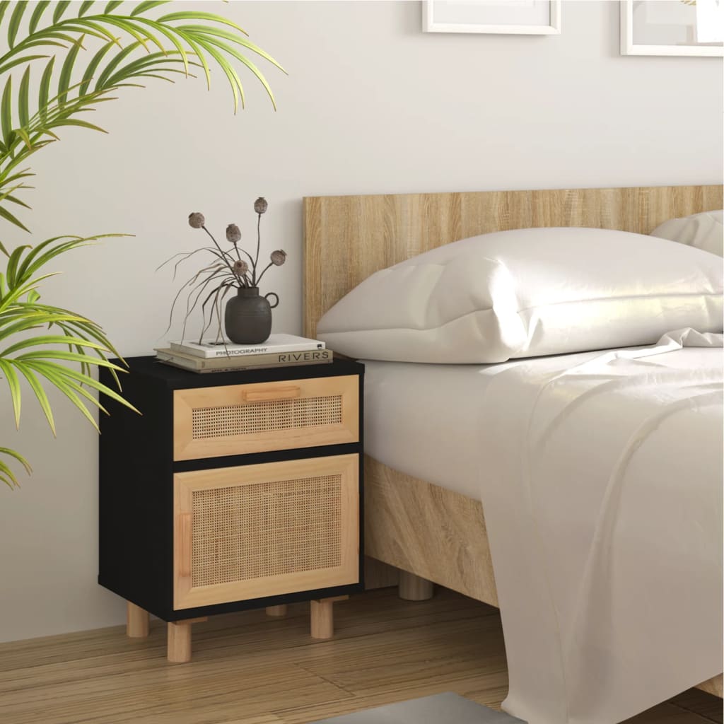 Bedside tables 2 pcs solid pine and natural black wicker