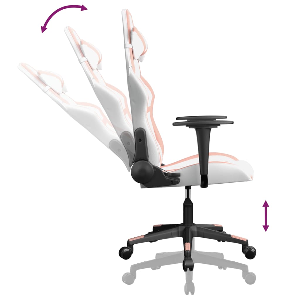 Cadeira gaming massagens couro artificial branco e rosa