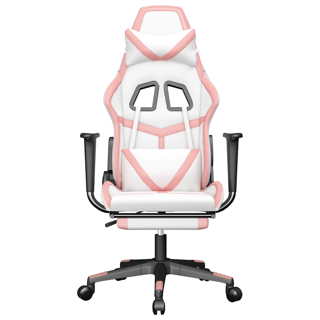 Cadeira gaming massagens c/ apoio pés couro artif. branco/rosa