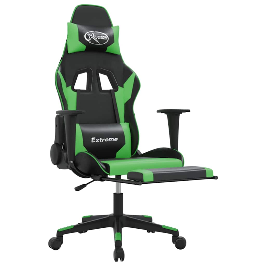 Cadeira gaming massagens c/ apoio pés couro artif. preto/verde