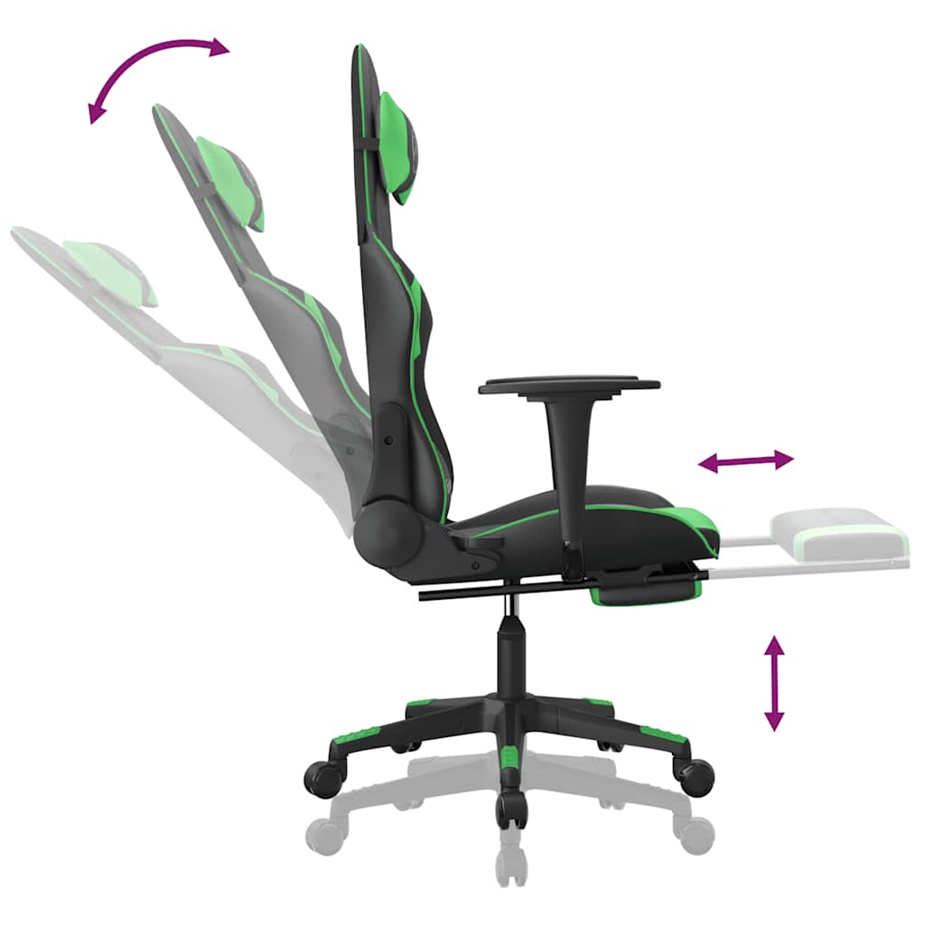 Cadeira gaming massagens c/ apoio pés couro artif. preto/verde