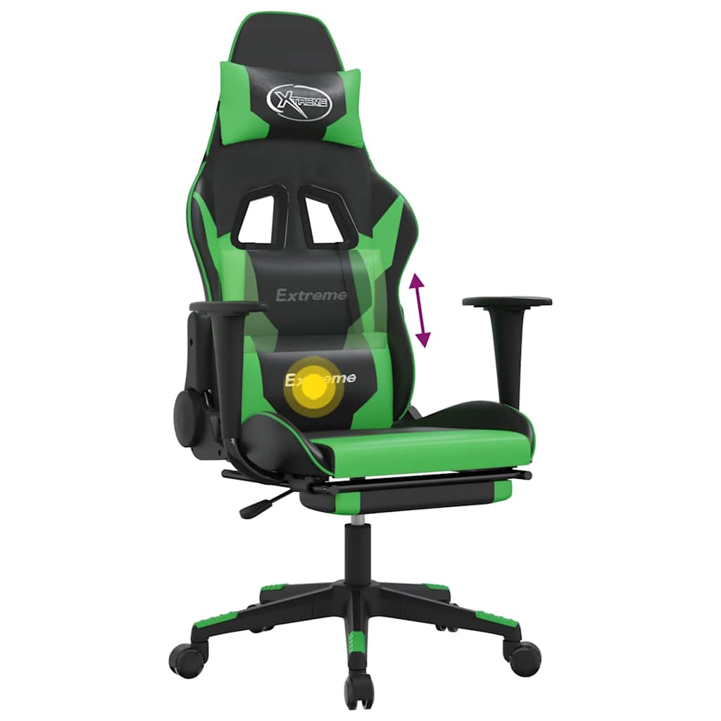 Cadeira gaming massagens c/ apoio pés couro artif. preto/verde