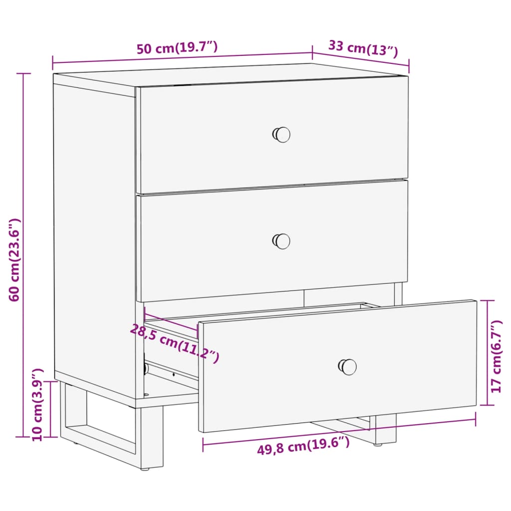 Bedside table 50x33x60 cm solid mango brown and black