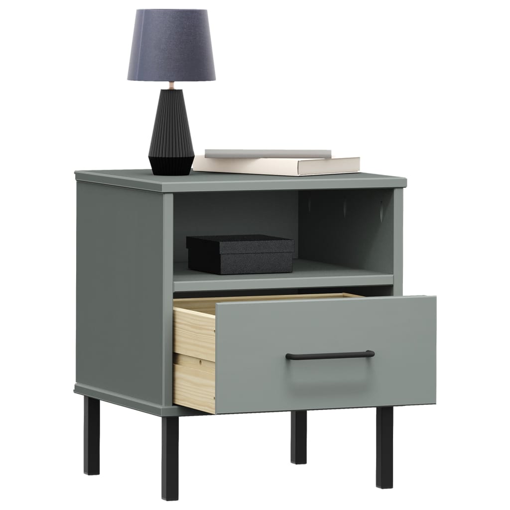 OSLO solid pine grey bedside table with metal legs