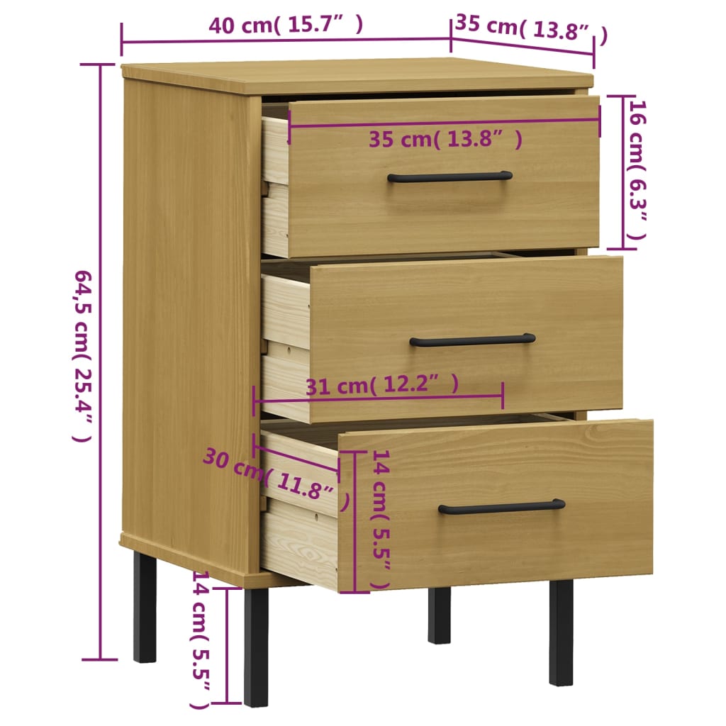 Bedside table with metal legs OSLO solid pine brown