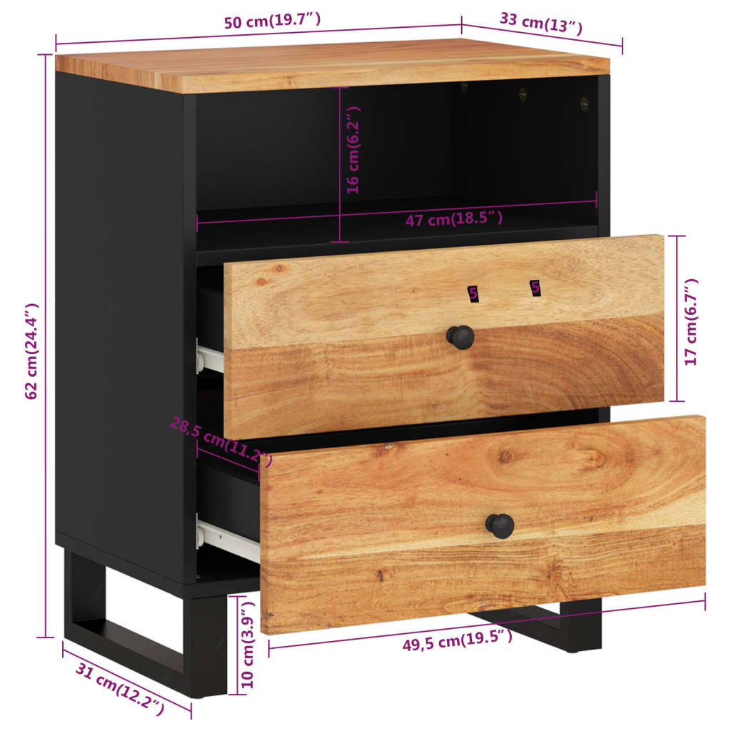 Bedside table 50x33x62 cm solid acacia/wood derivatives