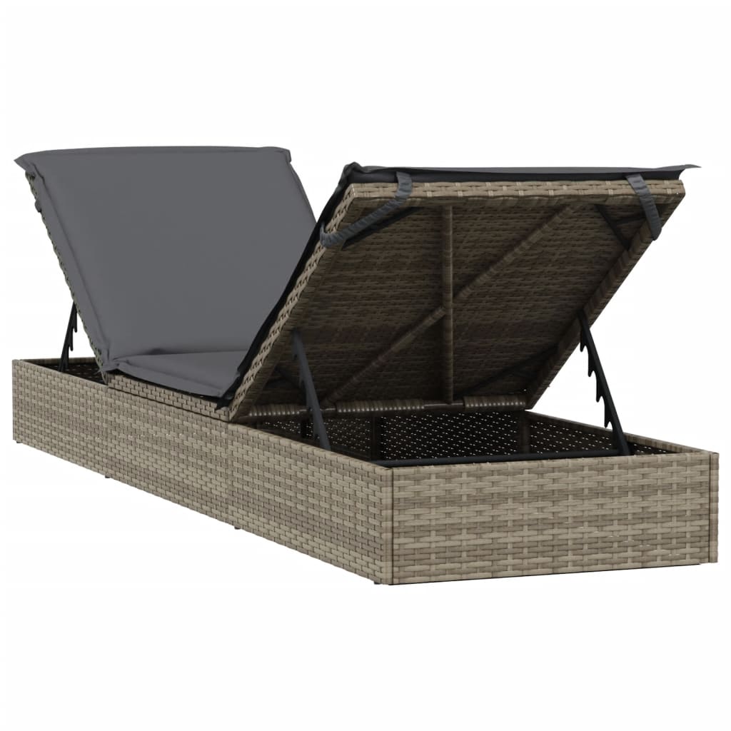Sun lounger with grey cushion 201x55x62 cm PE wicker