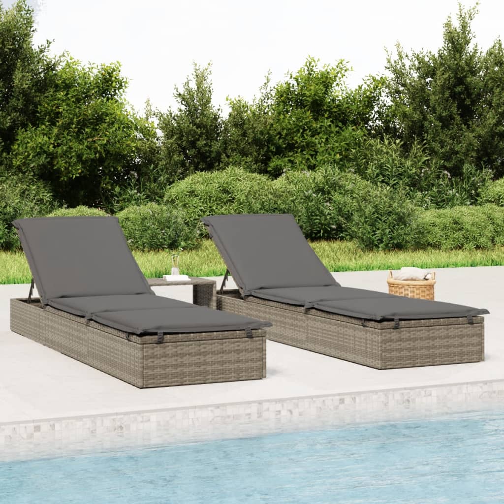 Sun lounger with grey cushion 201x55x62 cm PE wicker