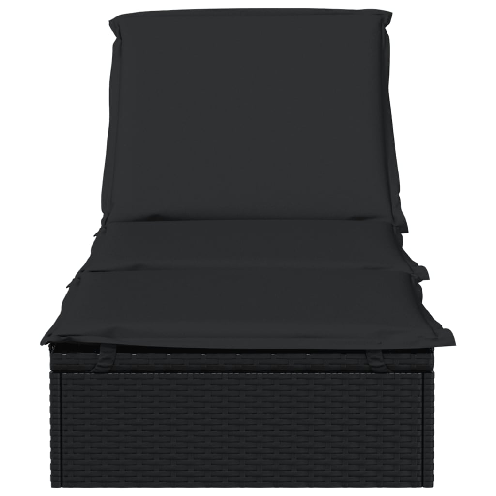 Sun lounger with black cushion 201x55x62 cm PE wicker